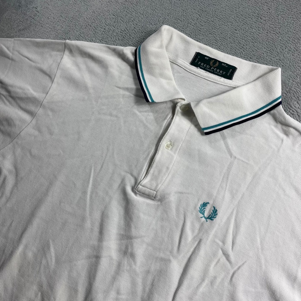 Fred Perry White Pique Polo Shirt Made in England Teal Twin Tip Mens 46 117cm